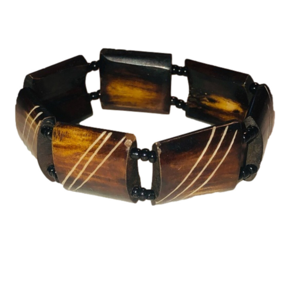 VTG Kenyan Stretchable Carved Square Beaded Bone Bracelet Stretchy Adjustable 6”